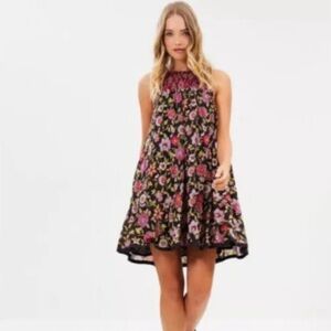 Free People Oh Baby Floral Print Minidress Black Pink Smocked Size M